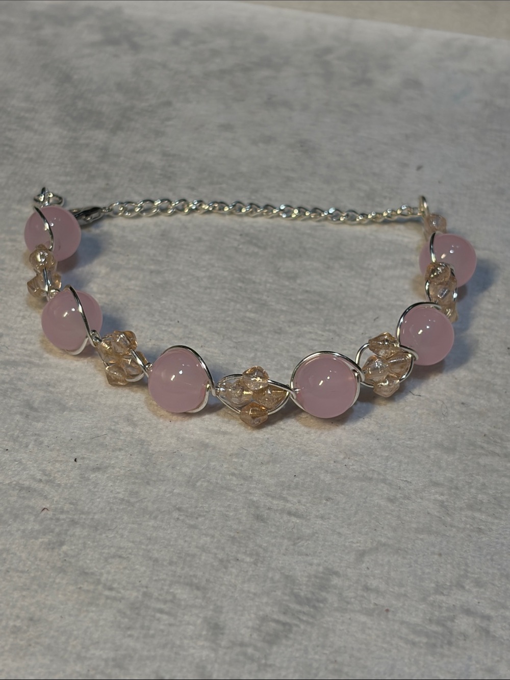 Delicate Pink Glass Beaded Wire Weave Bracelet - Silver